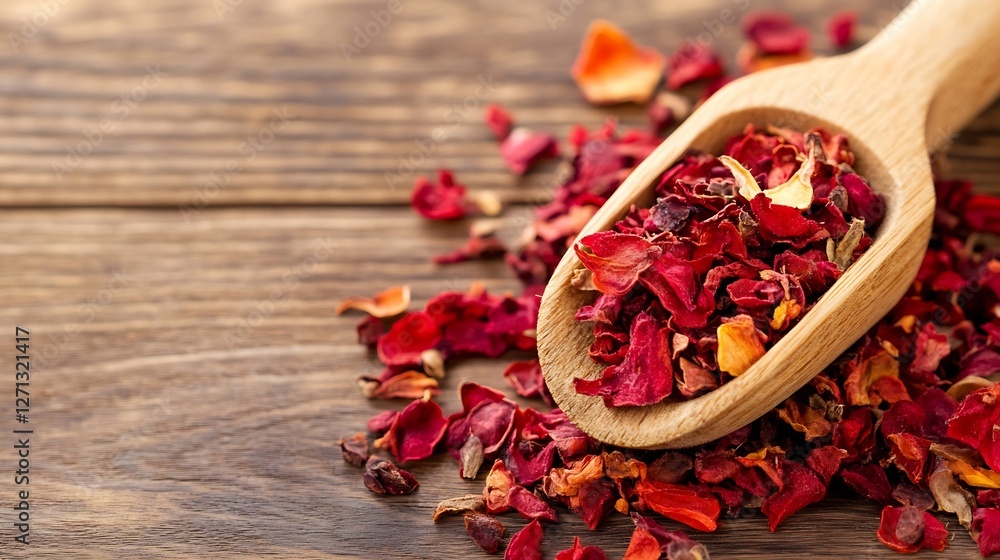 Poster colorful dried rose petals in a wooden spoon on rustic table for aromatic and decorative uses : gene