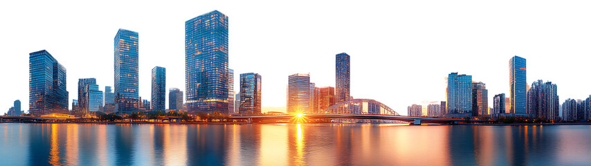 a captivating view of a modern cityscape with skyscrapers reflected in the water during sunset or sunrise
