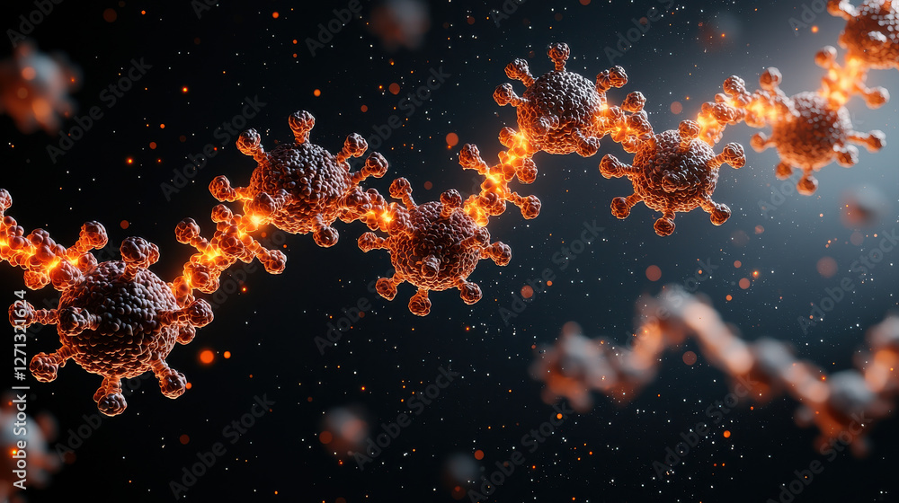 Poster hmpv concept, dynamic 3d visualization of virus particles with glowing effects