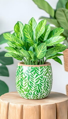 Obraz premium Green leafy plant in decorative pot on wooden surface