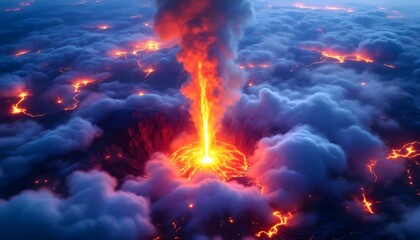 A display of a volcanic eruption with its explosive eruption column cascading lava flows and profound transformation it brings to surrounding environment, volcanic eruption, generated with ai