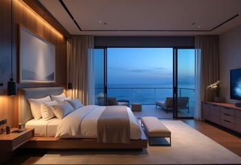 Fototapeta premium 3D rendering, elegant and modern bedroom design, big bed with overcoat cabinet, coffee table, TV, carpet, etc., very comfortable and leisure 