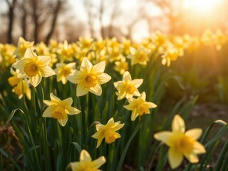 Fototapeta premium Daffodil flowers in a field with golden sunlight, green grass, yellow daffodils