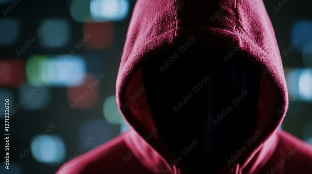 Poster mysterious hooded figure with a darkened face against a colorful digital backdrop : generative ai