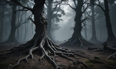 Dark and mysterious forest with twisted tree roots, overgrown underbrush, eerie woods, primeval forest