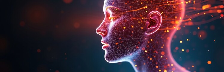 Abstract glowing lines pass over human face, representing senses. Futuristic tech design with light, smoke, wave, fractal elements. Colourful pattern motion art illustration. Energy red curve