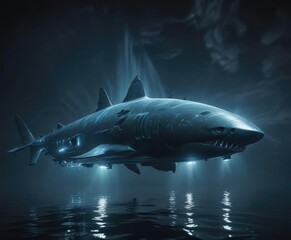 Fototapeta premium Dark blue water with a shark-like submarine hovering above it, shining bright with bioluminescent lights , mysterious depths , underwater lighting