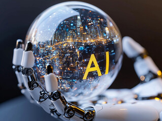 Intelligence artificielle tenu par une main de robot