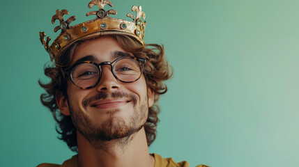 Happy man wearing a king crown, against a soft green background