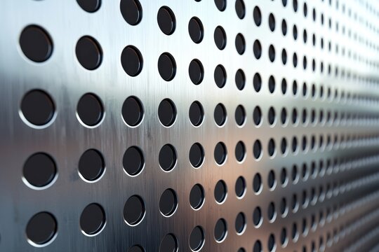 A detailed view of a perforated metal sheet with circular holes, exhibiting a uniform pattern and a subtle brushed texture for industrial design concepts and backgrounds.