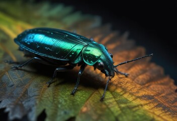 Dark green leaf with a bioluminescent click beetle Pyrophorus sp on its surface, wildlife, leaf, pyrophorus insect