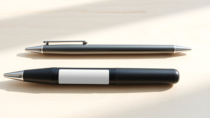 A sleek, minimalist pen mockup placed on a light wooden desk with an empty space on the pen's barrel for your logo or branding. Soft, natural lighting enhances the clean, professional look.