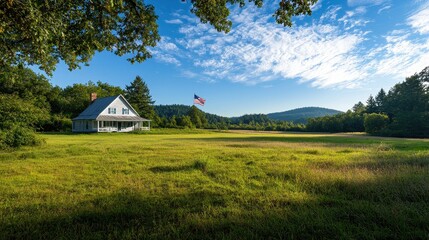 Obraz premium House in a grassy field with a flag prominently displayed on the roof under a clear blue sky