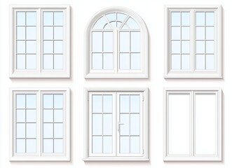 Collection of Six White Window Designs Featuring Various Styles and Shapes with Blue Sky Background