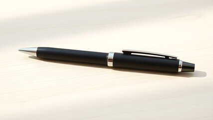 A sleek, minimalist pen mockup placed on a light wooden desk with an empty space on the pen's barrel for your logo or branding. Soft, natural lighting enhances the clean, professional look.