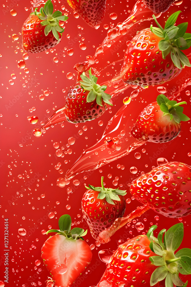 Aufkleber fresh strawberries splashing in bubbles against a vibrant red background, creating a refreshing scen