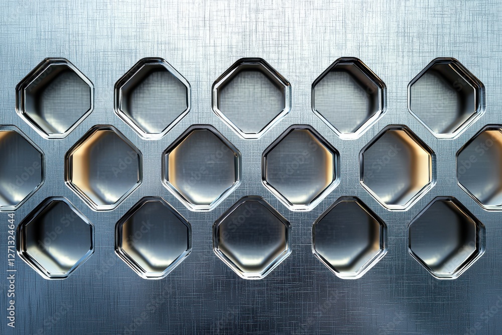 Poster symmetrical silver metallic texture with octagonal patterned holes on a brushed metal background, cr