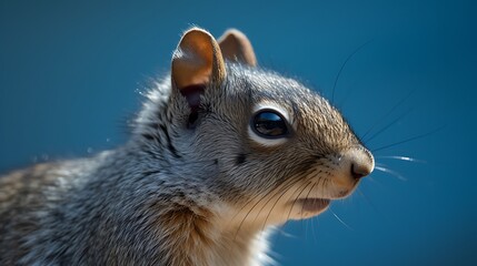 Obraz premium Close-up of a squirrel, profile view, outdoors, blue background, nature wildlife photography.