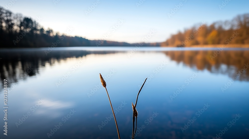 Aufkleber tranquil view of calm lake with reeds at sunrise for nature lovers and photographers : generative ai