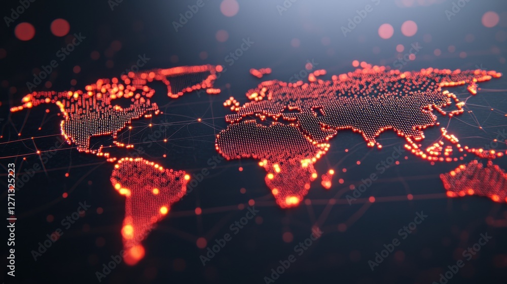 Poster world map infographic concept. glowing metallic 3d world map depicting global interconnectivity and 