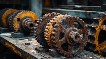 Rusty gears align in an industrial setting, evoking a sense of time and durability amidst a backdrop of cool metallic tones.