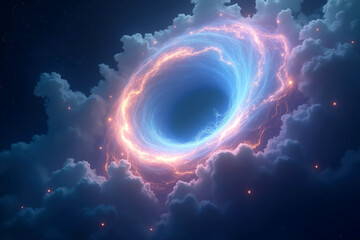 Cosmic Gateway: Mysterious Space Portal Surrounded by Stormy Clouds and Lightning Flashes