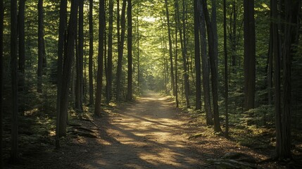 Fototapeta premium A sunlit forest path meanders through towering trees, casting playful shadows on the ground as a golden glow engulfs the tranquil woodland.