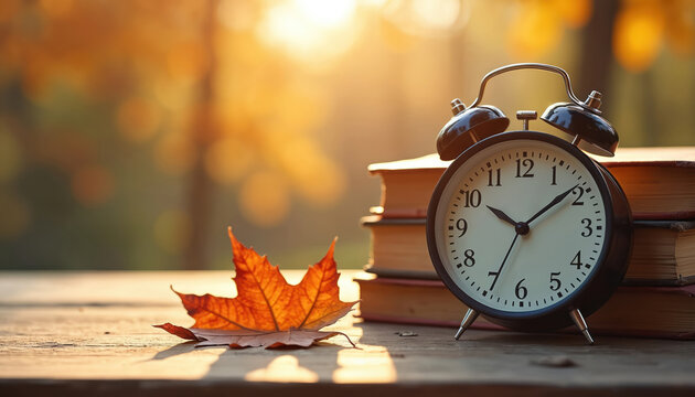 Daylight savings end with alarm clock, stack of books, orange maple leaf on wood table. Back to winter time concept, reminder, nostalgia, autumn atmosphere, shift, sunlight and foliage.