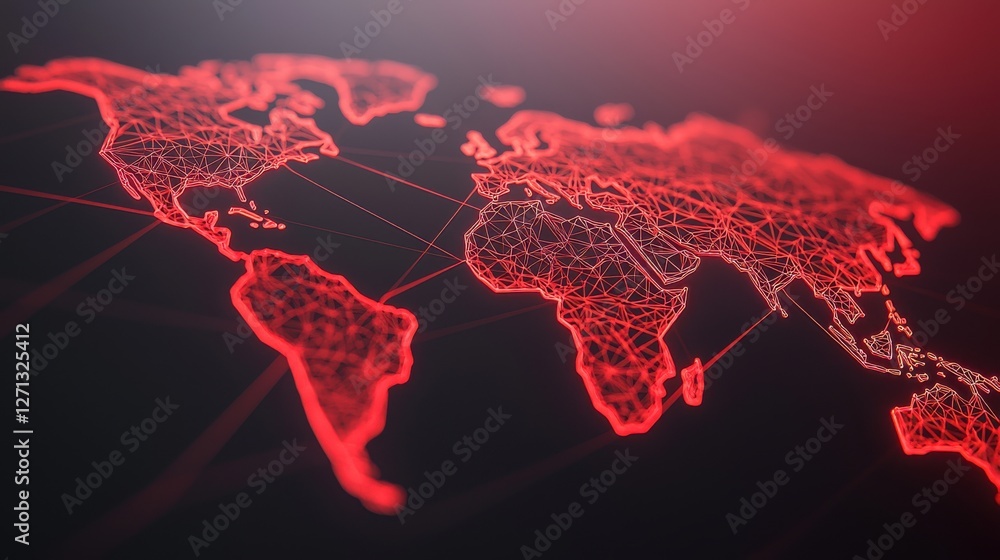 Poster world map infographic concept. glowing polygonal world map with pulsing network nodes in abstract 3d