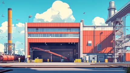 Modern Industrial Facility Under Sunny Sky. A Stunning Exterior View of a Sophisticated and Efficient Production Complex
