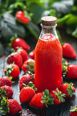Fresh strawberry juice in a glass bottle surrounded by ripe strawberries on a wooden table