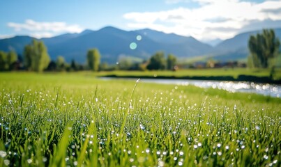 Fototapeta premium Dew-kissed grass glistens in the morning sunlight with mountains and a river in the background