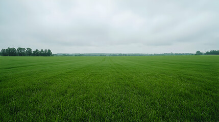 Obraz premium Vast green agricultural field stretches to the horizon under an overcast cloudy sky in the countryside.