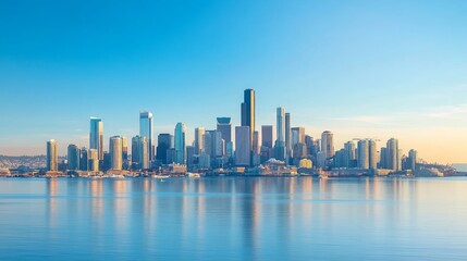 Obraz premium Seattle Skyline Panorama: Majestic Skyscrapers Reflecting on a Calm Bay