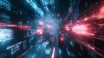 Abstract Digital Tunnel Neon Lights Red Blue Futuristic Technology Background Data Stream Sci Fi Glowing Lines Modern Design High Tech Network Binary 