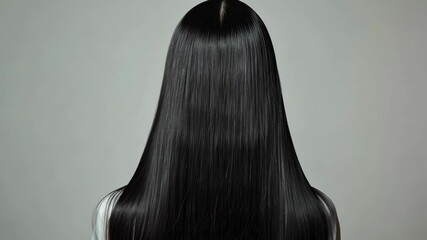A person with long and shiny black hair stands facing away, softly illuminated in a minimalistic space, highlighting the hair's texture
