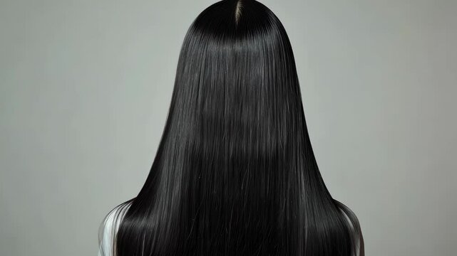 A person with long and shiny black hair stands facing away, softly illuminated in a minimalistic space, highlighting the hair's texture