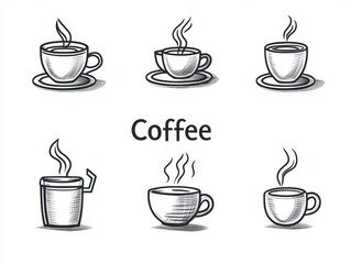 Obraz premium Sketch set of Coffee kind menu drinking cup. Vector hand drawing illustration isolated on white background. Espresso, cappuccino, glace, latte, mocha, Coffee Line Icons