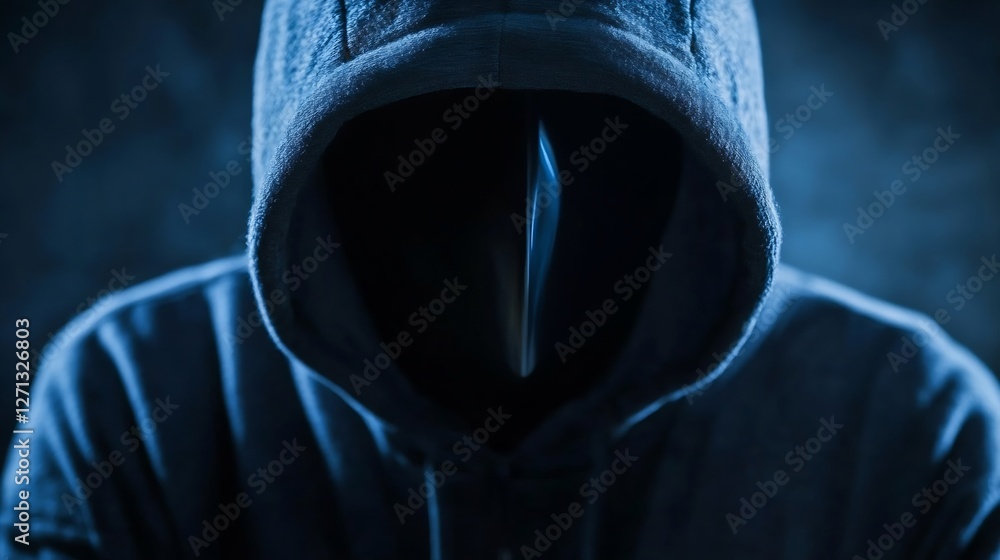 Poster mysterious cloaked figure with no visible face in a dark environment symbolizing secrecy : generativ