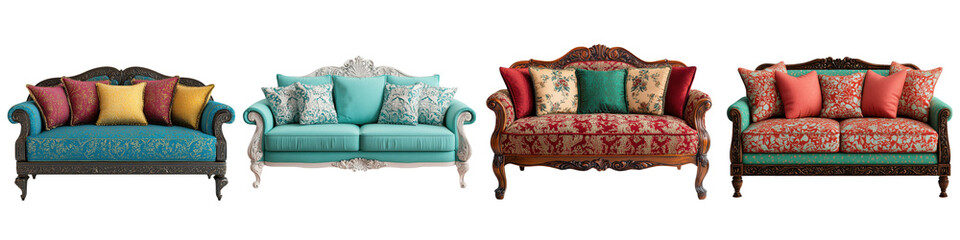 Four elegant and ornately designed vintage style sofas with floral and patterned upholstery in a cozy and comfortable living room setting