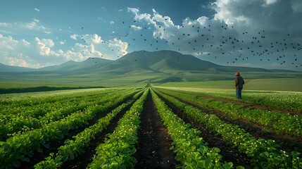 a farmer sowing seeds in a bright green alfalfa fi ccdbdcfcbe AI generated illustration