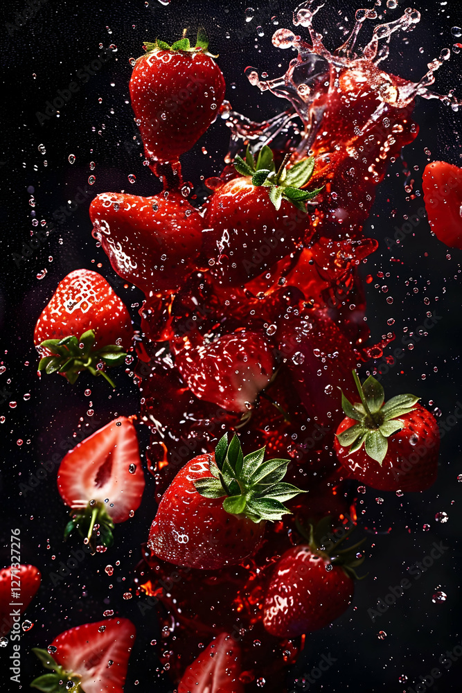 Poster fresh strawberries splashing into vibrant red liquid against a dark background, creating dynamic vis