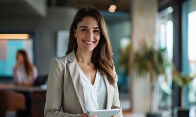 Business woman, manager, corporate leader, company executive Portrait of a beautiful professional Spanish businesswoman standing smiling in the office using a tablet phone.