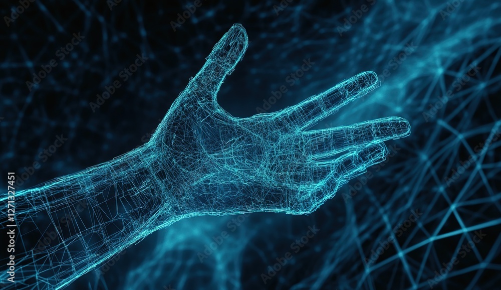 Poster digital hand reaches out: exploring networked connections in a virtual world, futuristic technology 