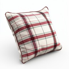 A hyper-realistic high-resolution image of a square pillow red white plaid pattern soft fabric texture visible stitching tartan design natural creases soft lighting ultra-HD 8K quality.