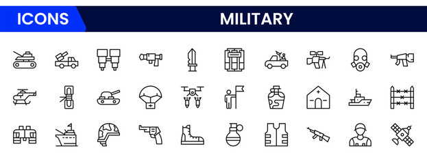  Military, war, and army line icons. Military Equipment, tools, aids, and appliances. collection and pack of linear icons.