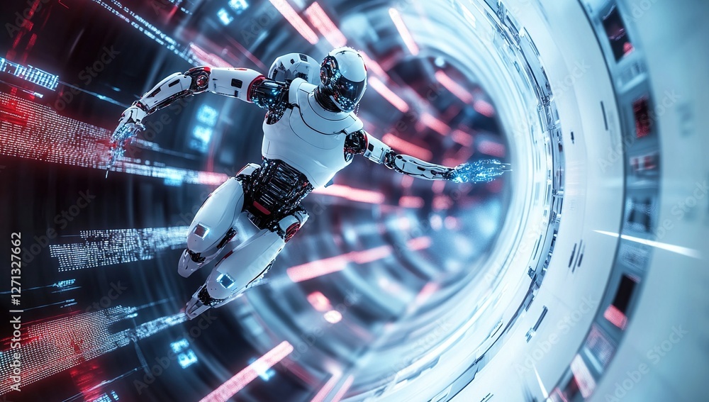 Poster advanced robot navigates futuristic digital tunnel rapidly using ai