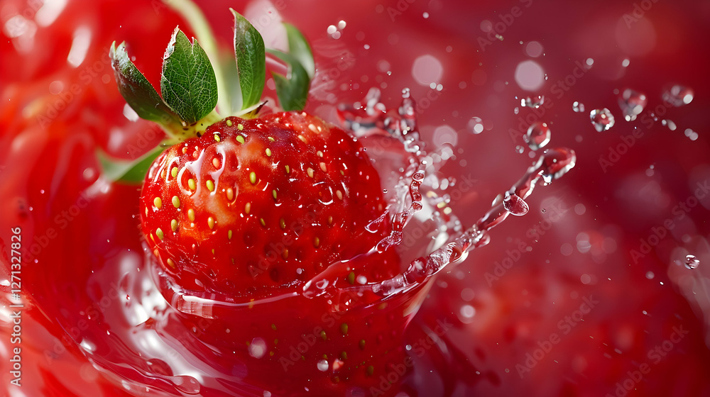 Poster fresh strawberry splashing in vibrant red liquid, creating dynamic water droplets and ripples