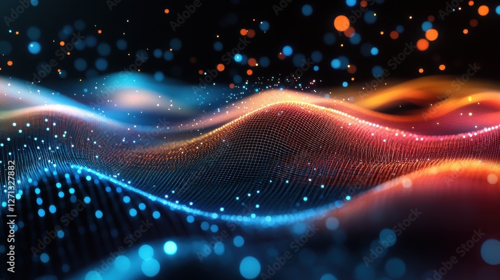 Poster abstract colorful mesh on dark wallpaper with mock up place. technology and designer backgrounds con
