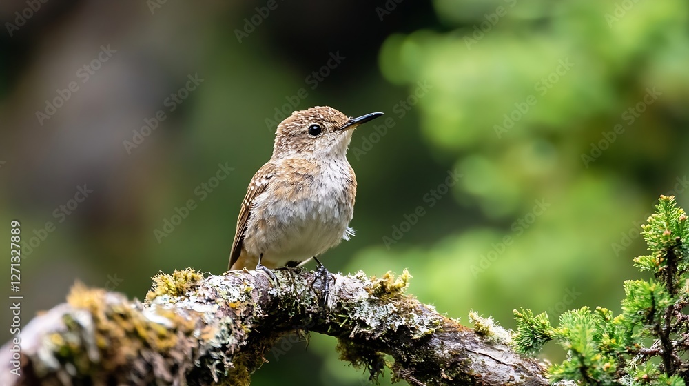 Poster cute small bird perched on a branch surrounded by vibrant green foliage in a lush forest : generativ